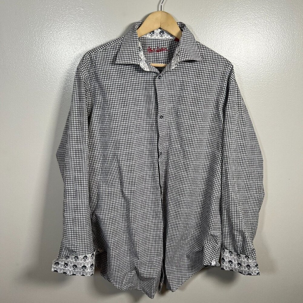 Robert Graham Skull Flip Cuff Button Up Size 42 16.5 Tall Check Gray Work Career